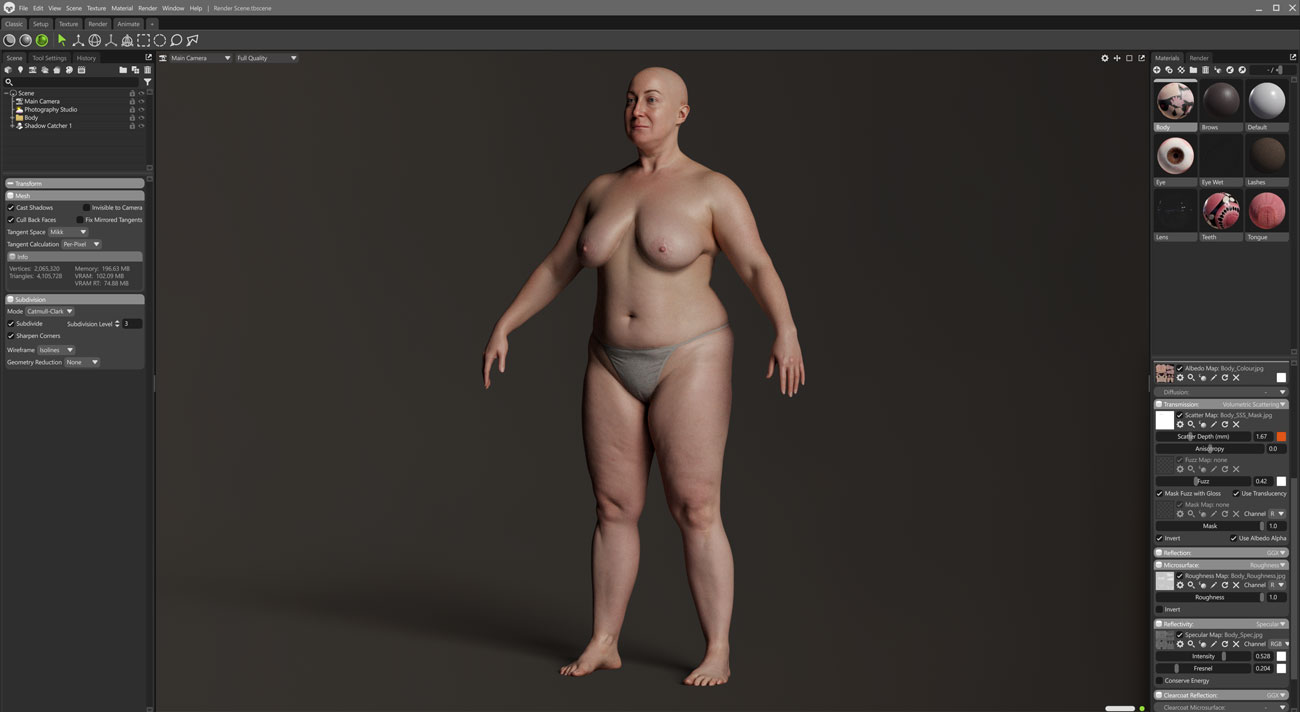 Marmoset Toolbag real-time scene render of a fuller-figured female 3D body scan with PBR lighting